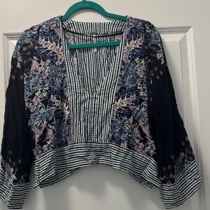 Free People Black Floral Striped Open Front Blouse